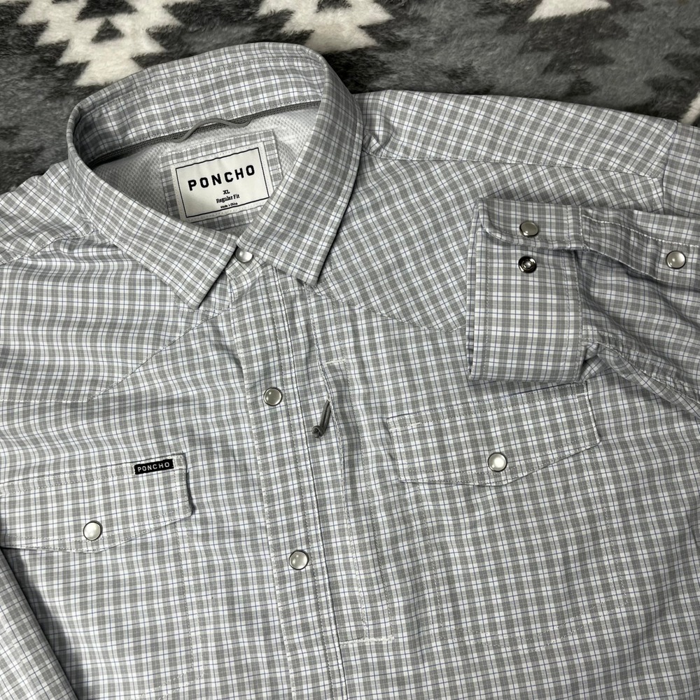 Poncho Outdoors Western Snap Shirt XL Grey Plaid Performance Fishing Hiking